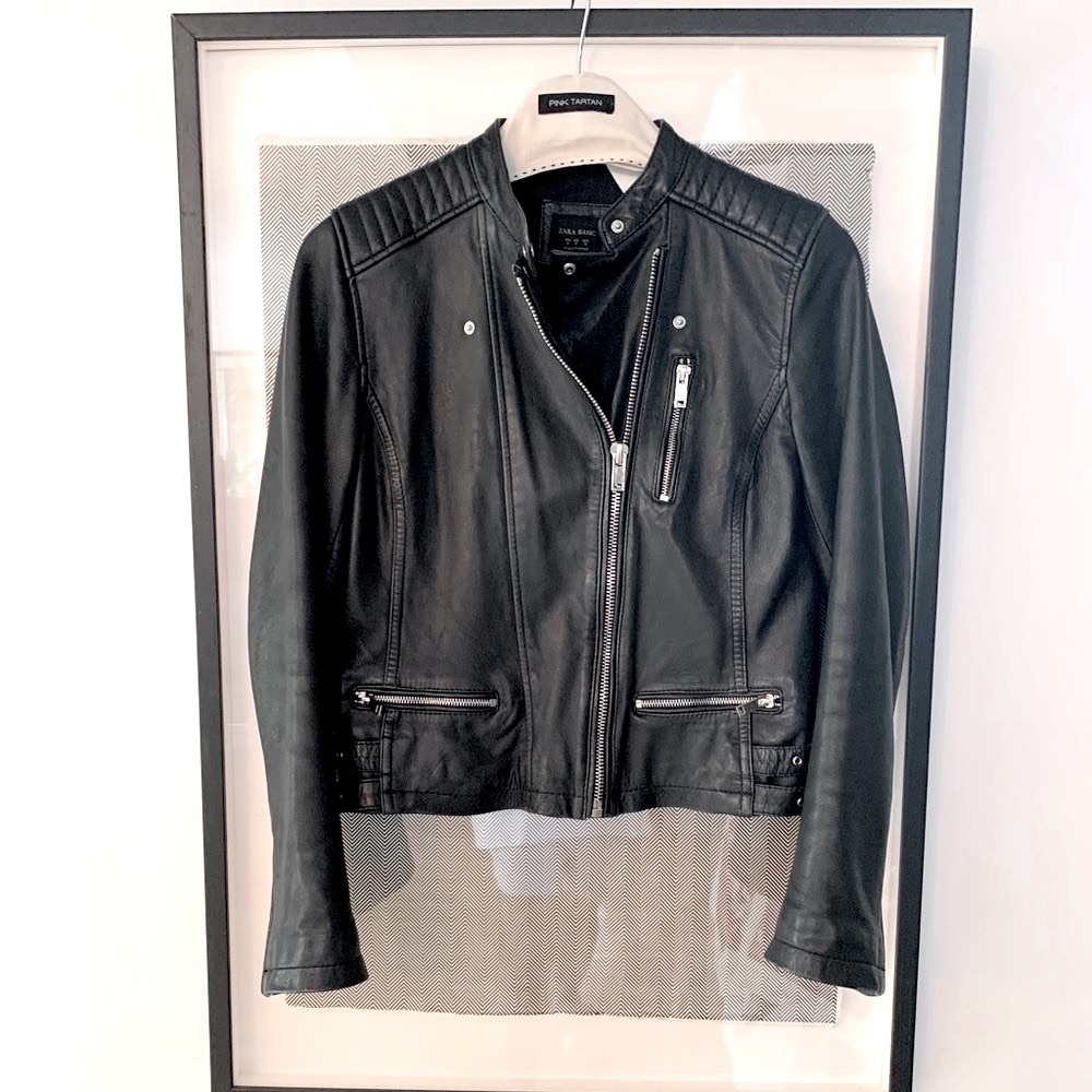 Zara black leather biker jacket with mandrin collar zipper details size M